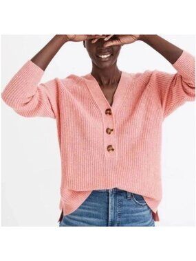 MADEWELL Pink 'Lyle' Ribbed Henley Sweater Knitted Merino Wool Oversized Sz S